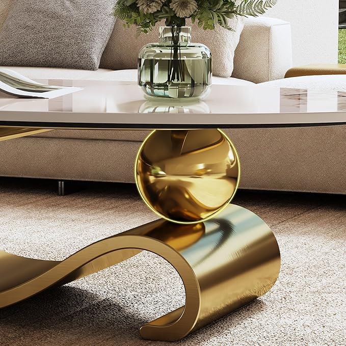 49.2" Oval Marble Coffee Table with Geometric Stainless Steel Base, Modern Sintered Stone Coffee Tables for Living Room, Luxury White Gold Cocktail Center Table Living Room Furniture for Home Decor