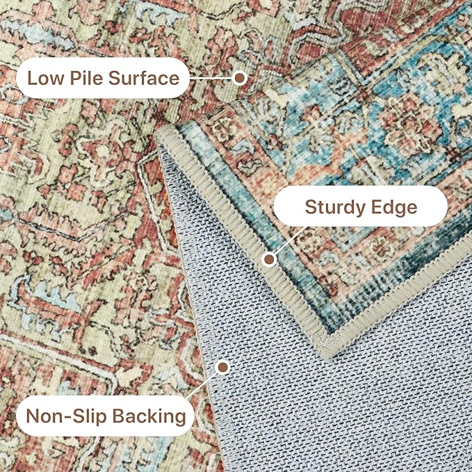 GENIMO Washable Area Rugs for Living Room Bedroom, 10x14 Boho Vintage Non Slip Rug, Low Pile Soft Floral Indoor Floor Carpet Cover for Dining Room Kitchen, Red/Multi