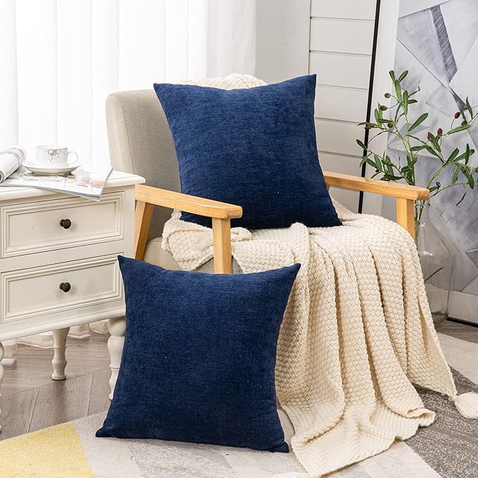 GAWAMAY Decorative Throw Pillow Covers 16x16 Inch Set of 2, Super Soft Chenille Square Pillows Farmhouse Fall Pillowcase for Living Room Bedroom Sofa Couch Cushion Cover Navy Blue 40x40cm