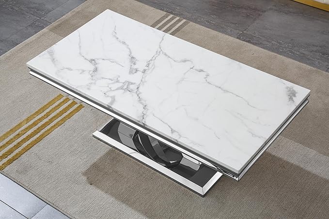 SSLine Rectangular Faux Marble Coffee Table for Living Room Modern Luxury White Marble Center Table with Silver Pedestal Base 46.8" Mid-Century Cocktail Table with Mirrored Stainless Steel Frame