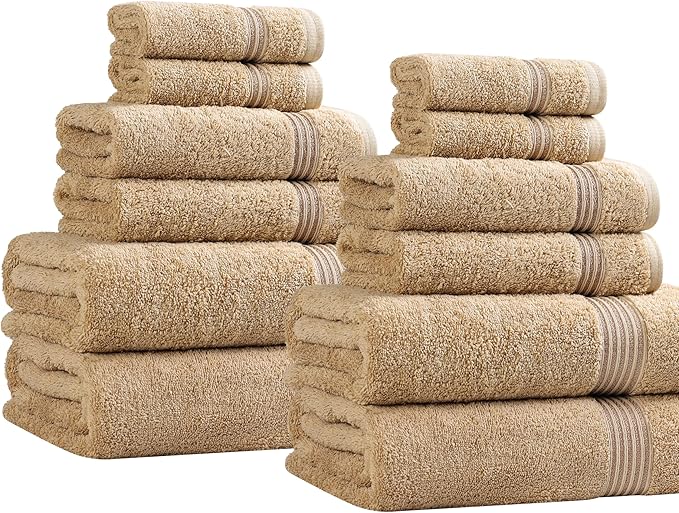 Superior Egyptian Cotton 12-Piece Towel Set, Assorted Towels for Home Bathroom, Guest Bath Decor Essentials, Includes 4 Bath, 4 Hand, 4 Face Towels/Washcloths, Quick Dry, Absorbent - Toast