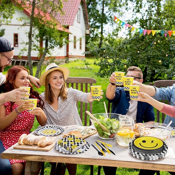 400 Pieces One Happy Dude Disposable Party Tableware Sets Including Plates Cups Napkins Cutlery Serves 50 for Smiley Party 1st Birthday Preppy Party Decorations