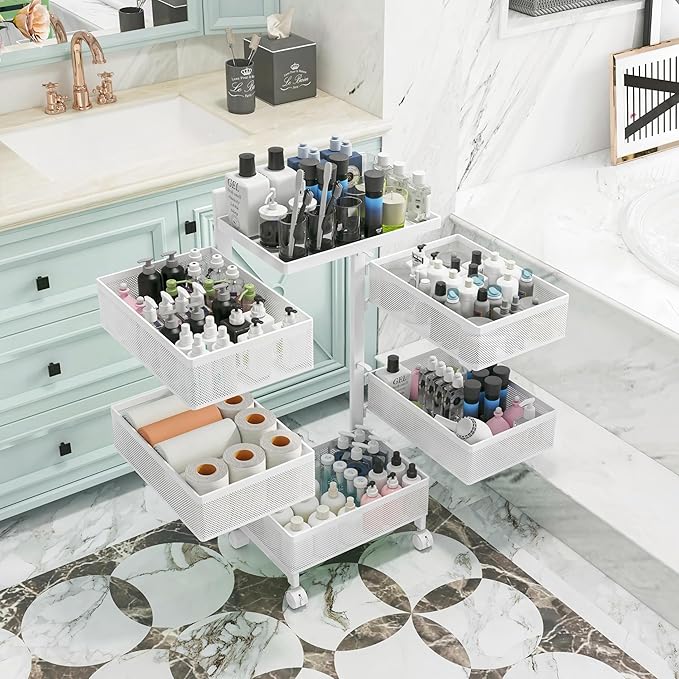 Fruit Basket for Kitchen No Assembly, Rolling Rotating Storage Cart,Bathroom Shelf,Mobile Metal Utility Storage Cart,Potato and Onion Storage Drawer Cart(Bright White, 5 Tier-Square)