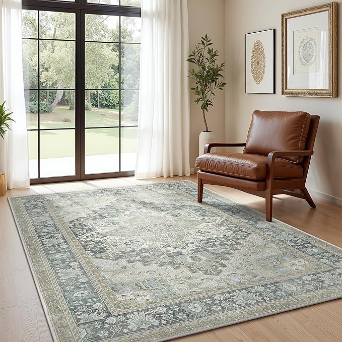 GENIMO 5X7 Area Rugs for Living Room, Machine Washable Vintage Floor Cover Foldable Modern Non Slip Rug, Low Pile Soft Indoor Carpet Floral Print Mat Rug,Bedroom/Dining Room/Home Office,Light Blue