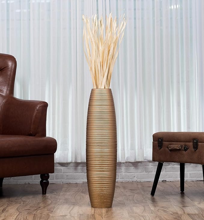Leewadee Large Gold Home Decor Floor Vase – Wooden 26 inches Tall Farmhouse Decor Flower Holder for Fake Plant and Pampas Grass