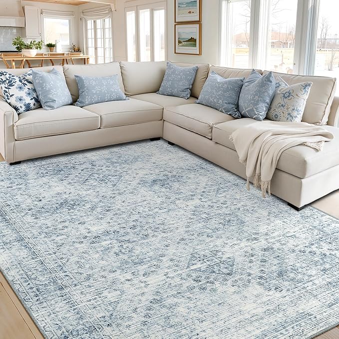 MIULEE 6x9 Vintage Living Room Rug Washable Area Rugs Low Pile Floor Mat for Bedroom Dining Room Non-Slip Stain Resistant Soft Indoor Carpet for Home Decor, Blue