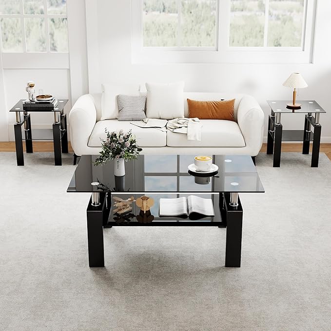IANIYA 3 Piece Living Room Table Set, Modern Tempered Glass Coffee Table Set, Glass Coffee Table Black Metal Frame End Table for Living Room Apartment Small Space