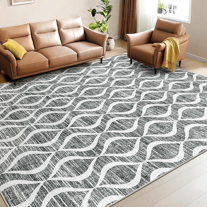 Witshock 9x12 Boho Area Rugs: Washable Non-Slip Geometric Print Pattern Large Thin Indoor Rug for Living Room Bedroom Dining Room, Carpet for Girls Boys Room Playroom Decor, Family Friendly, Dark Grey