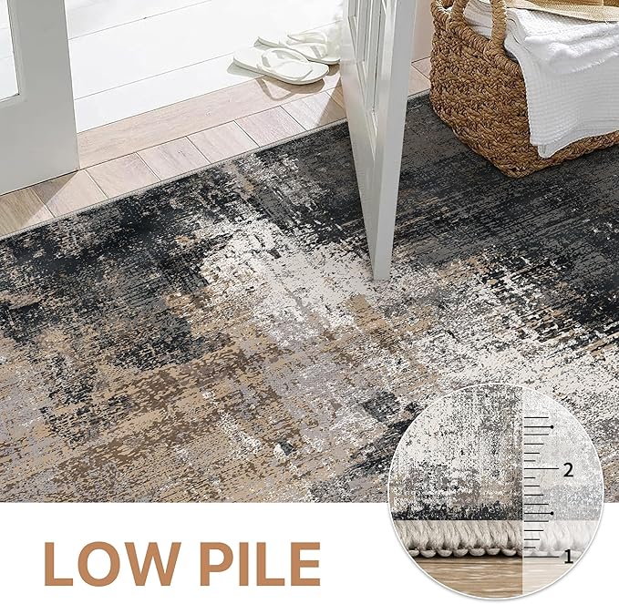 GENIMO Washable Area Rugs for Living Room Bedroom, 10x12 Modern Abstract Non Slip Rug, Low Pile Soft Contemporary Indoor Floor Carpet Cover for Dinning Room Kitchen, Black