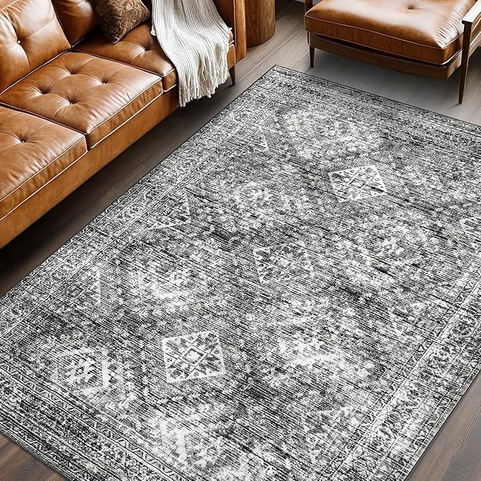 MIULEE 6x9 Vintage Living Room Rug Washable Area Rugs Low Pile Floor Mat for Bedroom Dining Room Non-Slip Stain Resistant Soft Indoor Carpet for Home Decor, Black