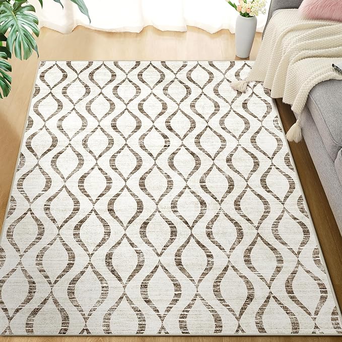 WITSHOCK Area Rugs for Living Room 5x7: Washable Non-Slip Soft Geometric Large Indoor Rug for Bedroom Dining Room, Low Pile Boho Pattern Carpet for Nursery Playroom Decor, Kid & Pet Friendly, Brown