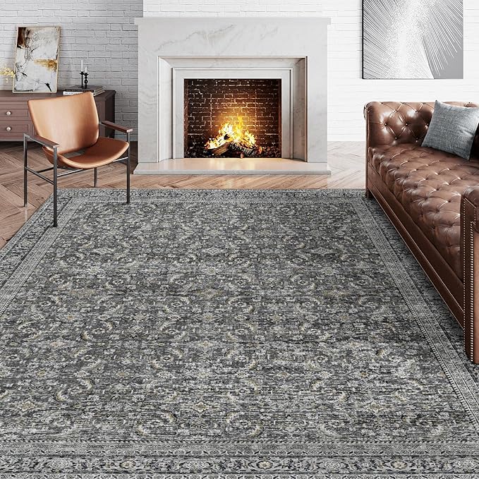 10x14 Washable Area Rug Black Vintage Distressed Living Room Bedroom Large Throw Rug Non Slip Low Pile Soft Accent Indoor Floor Carpet for Dining Room Office Entryway Kitchen