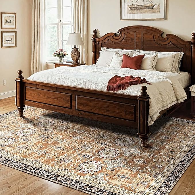 VEVOR 7.5 x 9.5 ft Area Rug Large Washable Rug Non-Slip and Tear-Resistant Soft Carpet Pet & Child Friendly Vintage Area Rugs Indoor Mat for Bedroom Living Room Office Entryway Brown Green