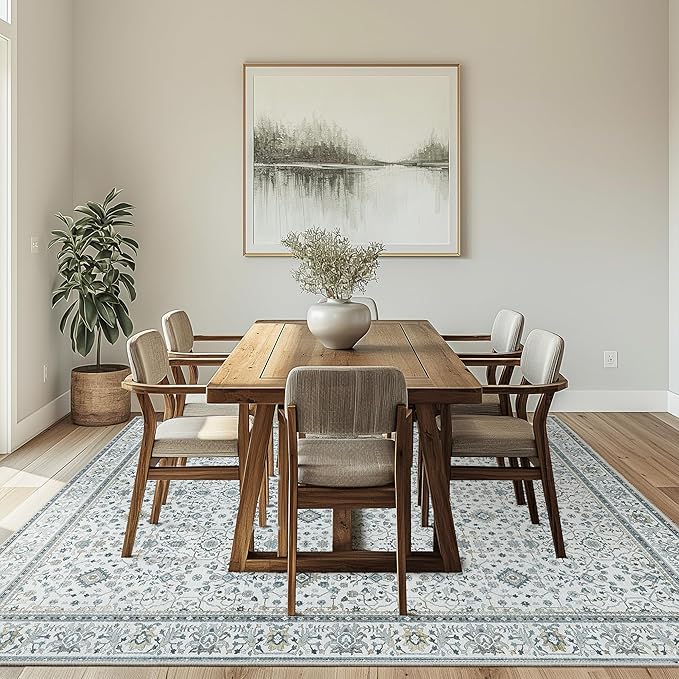 GENIMO Washable Area Rugs for Living Room Bedroom, 6x9 Boho Vintage Non Slip Rug, Low Pile Soft Floral Indoor Floor Carpet Cover for Dining Room Kitchen, Retro Gray Blue