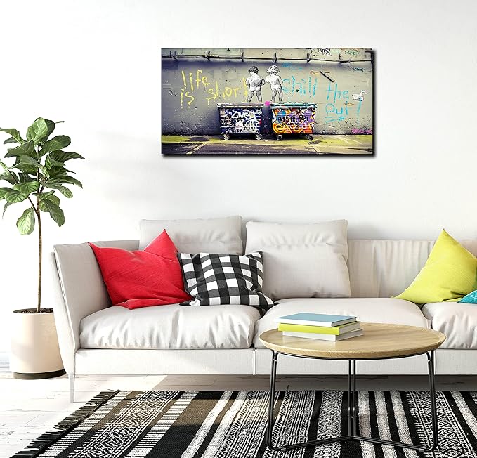 Banksy Street Art - Graffiti Canvas Wall Decor - Abstract Art Wall Decor Ready to Hang Size 40" x 20"