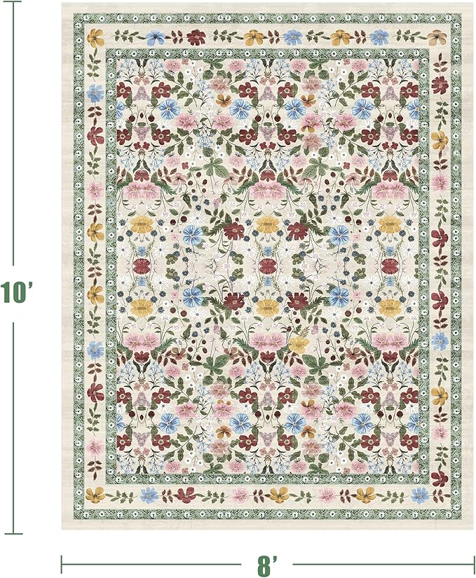 Deerly Washable Floral Rugs 8x10 Large Vintage Living Room Carpet Boho Non-Slip Soft Low Pile Thin Bedroom Floor Mat Indoor for Dining Room Playroom Nursery Farmhouse, Beige/Green/Multi