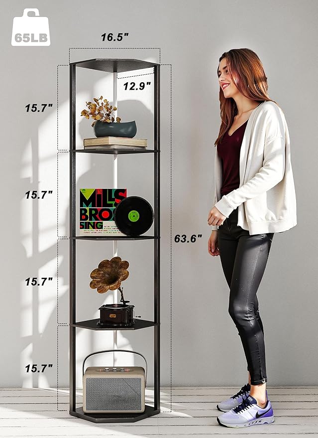 Smart Corner Shelf with Light 5-Tier Display Shelf & Floor Lamp w/ APP & Remote Control RGB LED Display Curio Case for Collectibles Dimmable Space-Saving Corner Shelves for Living Room Bedroom Decor