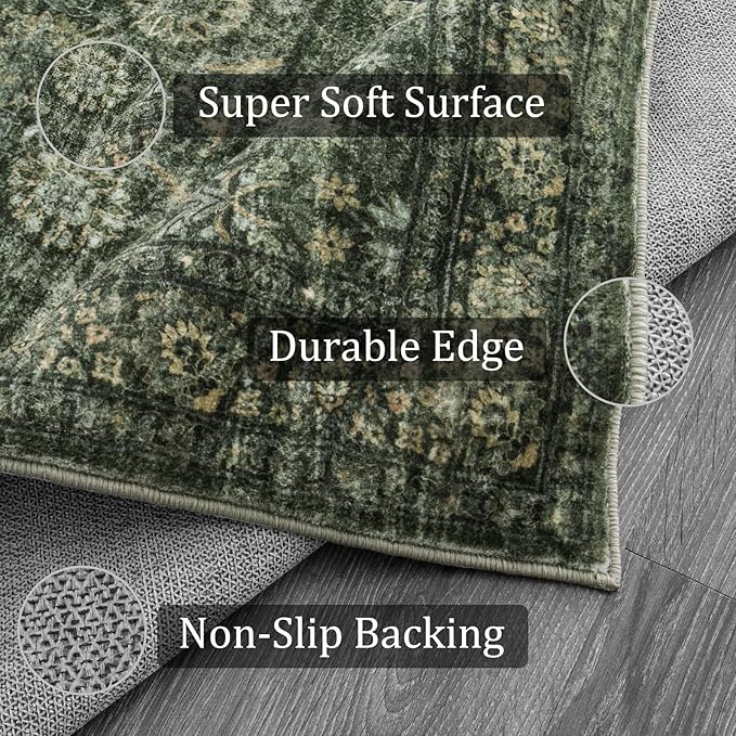 Morebes Washable Green 5x7 Area Rugs, Vintage Soft Bedroom Rug Non Slip, Non-Shedding Distressed Indoor Floor Throw Carpet for Bathroom Kitchen Living Dining Room Playroom Farmhouse