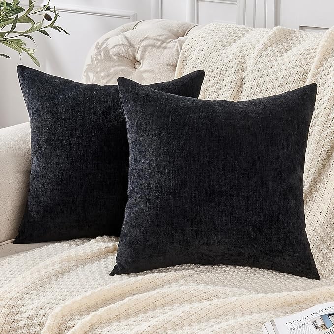 GAWAMAY Decorative Throw Pillow Covers 16x16 Inch Set of 2, Super Soft Chenille Pillows Farmhouse Fall Square Pillowcase for Living Room Bedroom Sofa Couch Cushion Cover Black 40x40cm (No Insert)