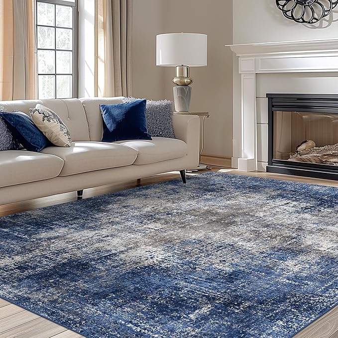 GENIMO Washable Area Rugs for Living Room Bedroom, 10x14 Modern Abstract Non Slip Rug, Low Pile Soft Contemporary Indoor Floor Carpet Cover for Dining Room Kitchen, Blue&Gray