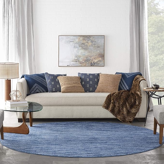 Nourison Essentials Indoor/Outdoor Navy Blue 8' x Round Area Rug, Easy Cleaning, Non Shedding, Bed Room, Living Room, Dining Room, Backyard, Deck, Patio (8 Round)