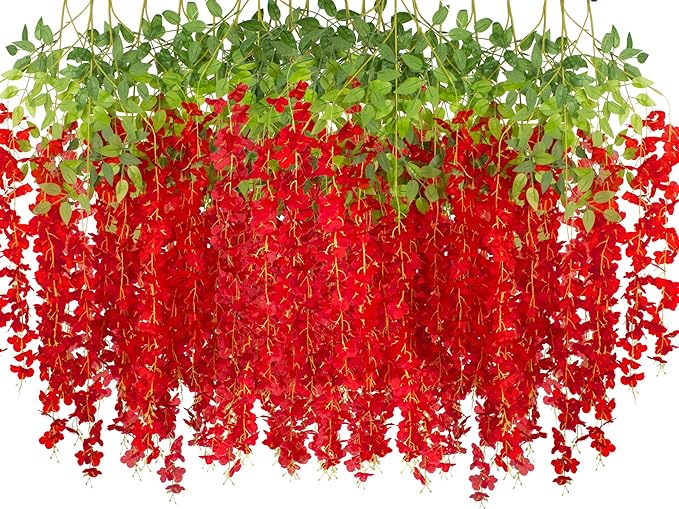 24 Pack Artificial Fake Wisteria Vine Ratta (3.75 Feet) Hanging Garland Silk Flowers String Home Party Wedding Decor (Red)