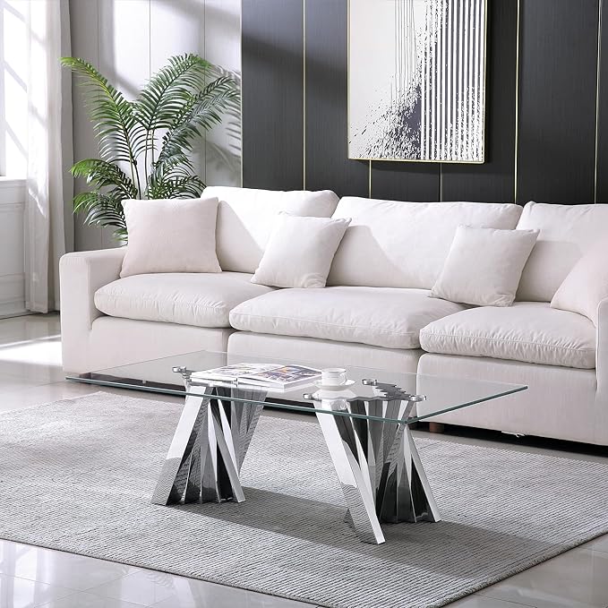 SSLine Glass 3 Piece Living Room Table Sets,3-Piece Table Set Includes 1 Glass Coffee Table and 1 Console Table and End Tables with Stainless Steel Frame,Modern Coffee Table Set of 3 for Living Room