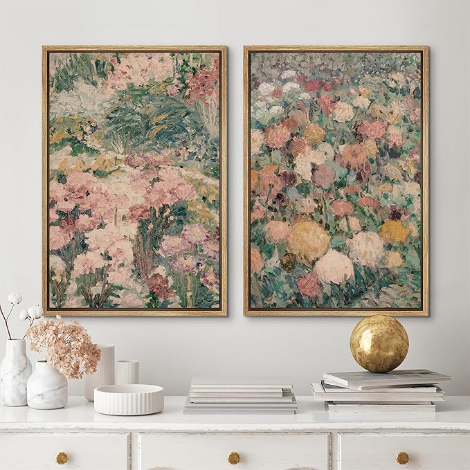 MUDECOR Framed Canvas Print Wall Art Impressionist Floral Garden Vintage Botanical Illustrations Modern Art Decorative Bohemian Colorful Chic for Living Room, Bedroom, Office - 24"x36"x2 Natural