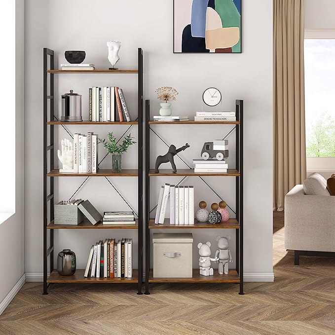 VERMESS 4 Tier Bookshelf, Tall Book Shelf, Vintage Industrial Bookcase with Open Display Shelves, Wood Storage Shelving Unit Metal Frame Standing Bookshelves for Bedroom/Home/Office, Rustic Brown
