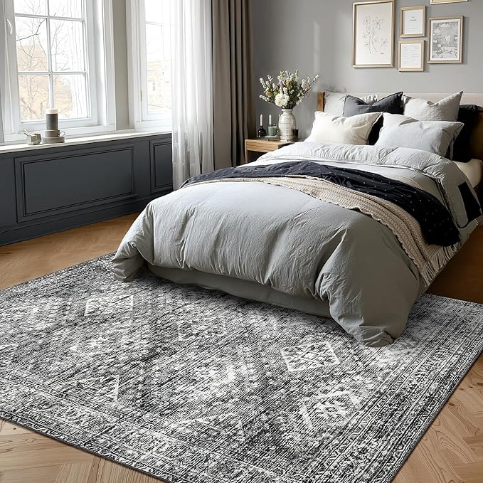 MIULEE 5x7 Vintage Living Room Rug Washable Area Rugs Low Pile Floor Mat for Bedroom Dining Room Non-Slip Stain Resistant Soft Indoor Carpet for Home Decor, Black