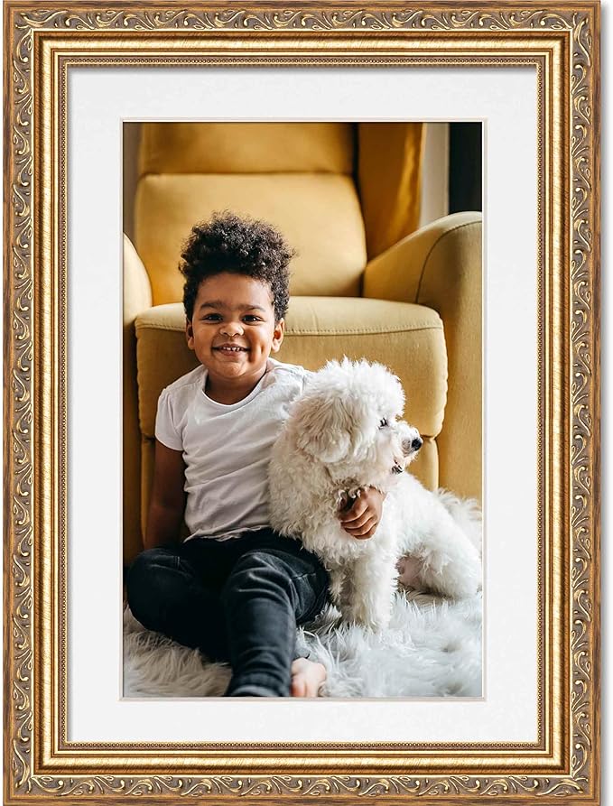12x15 Frame with Mat - Antique Gold 14x17 Frame Wood Made to Display Print or Poster Measuring 12 x 15 Inches with White Photo Mat