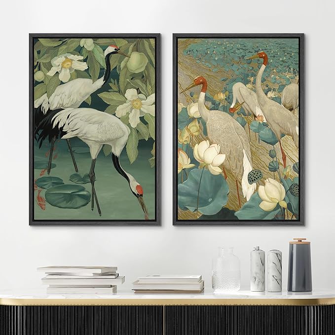 MUDECOR Framed Canvas Print Wall Art Elegant Cranes Among Lotus Flowers Nature Illustrations Modern Art Decorative Multicolor Minimalism for Bedroom - 24"x36"x2 Black