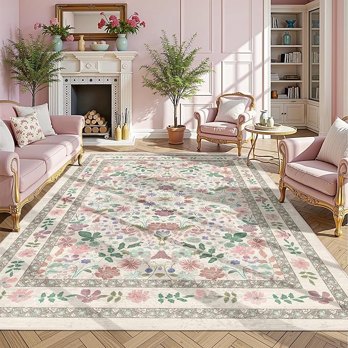 Deerly Boho Floral Area Rug 6x9 for Living Room Vintage Large Washable Non-Slip Bedroom Carpet Soft Low Pile Thin Floor Mat Indoor for Dining Room Playroom Nursery Farmhouse, Beige/Light Pink/Multi