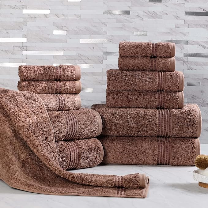 Superior Egyptian Cotton 12-Piece Towel Set, Assorted Towels for Home Bathroom, Guest Bath Decor Essentials, Includes 4 Bath, 4 Hand, 4 Face Towels/Washcloths, Quick Dry, Absorbent - Mocha