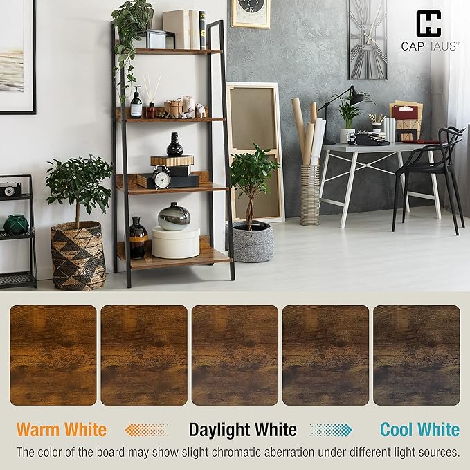 CAPHAUS 5 Tier Ladder Bookshelf, 24 Inch Width Free Standing Shelf, Bookcase Shelf Storage Rack Organizer, Industrial Book Shelves for Home Office, Living Room, Kitchen, Rustic Oak, Vintage Shelves