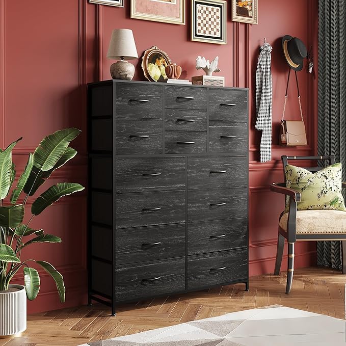 WLIVE Tall Console Table with 15 Fabric Drawers, Entryway Table with Storage, Tall Storage Organizer with Wood Top, Steel Frame for Living Room, Hallway, Office, Charcoal Black Wood Grain Print