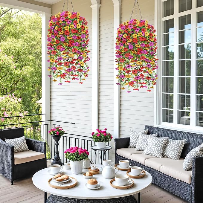 Dremisland 2 Set Artificial Hanging Baskets Outdoor Multicolored Silk Flower Plants Fake Flowers DIY Chain Hanging Basket Daisy Faux Flowers with Pot for Porch Garden Balcony Patio Summer Decor