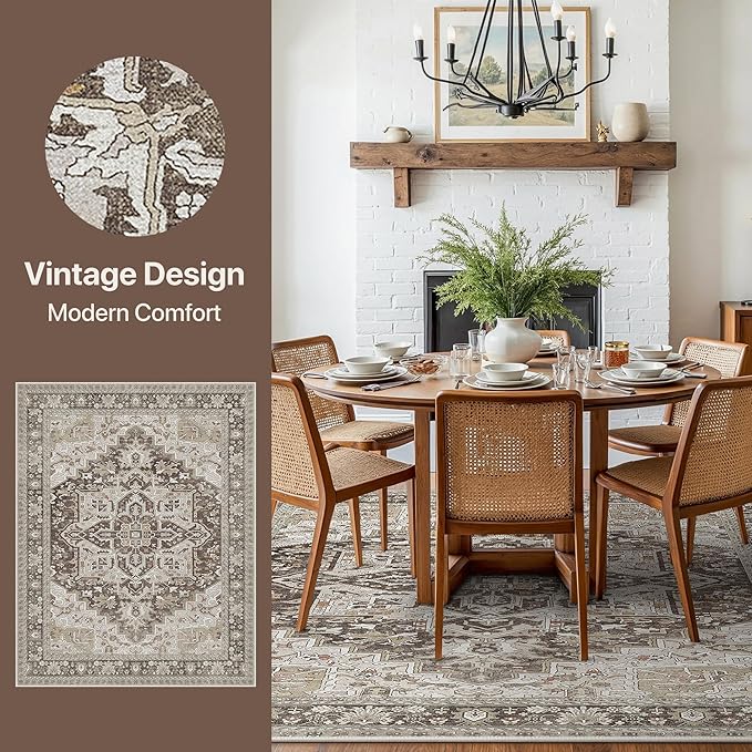 GENIMO 8X10 Area Rugs for Living Room, Machine Washable Vintage Floor Cover Foldable Modern Non Slip Rug, Low Pile Soft Indoor Carpet Floral Print Mat Rug,Bedroom/Dining Room/Home Office,Taupe