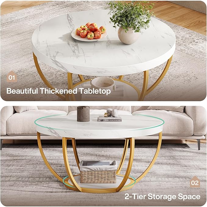 Tribesigns Modern Round Coffee Table, 2 Tier Coffee Table with Faux White Marble and Golden Metal Legs, Circle Center Table Tea Table Accent Furniture for Living Room, White and Gold
