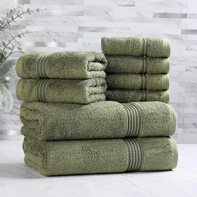 Superior Egyptian Cotton 8-Piece Towel Set, Assorted Towels, Home Bathroom, Master, Guest Bath, Decor Essentials, Includes 2 Bath, 2 Hand, 4 Face Towels/Washcloths, Quick Dry, Absorbent, Forest Green