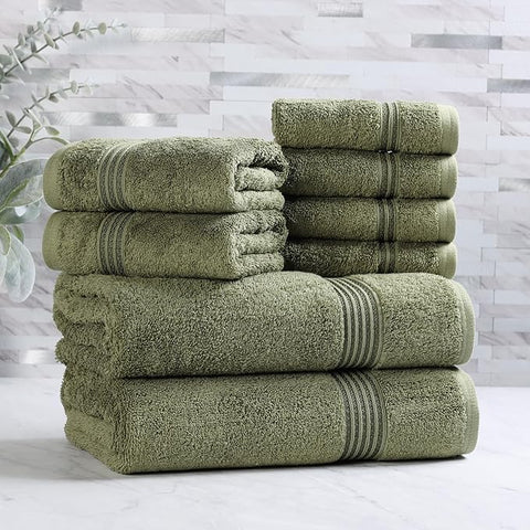 Superior Egyptian Cotton 8-Piece Towel Set, Assorted Towels, Home Bathroom, Master, Guest Bath, Decor Essentials, Includes 2 Bath, 2 Hand, 4 Face Towels/Washcloths, Quick Dry, Absorbent, Forest Green