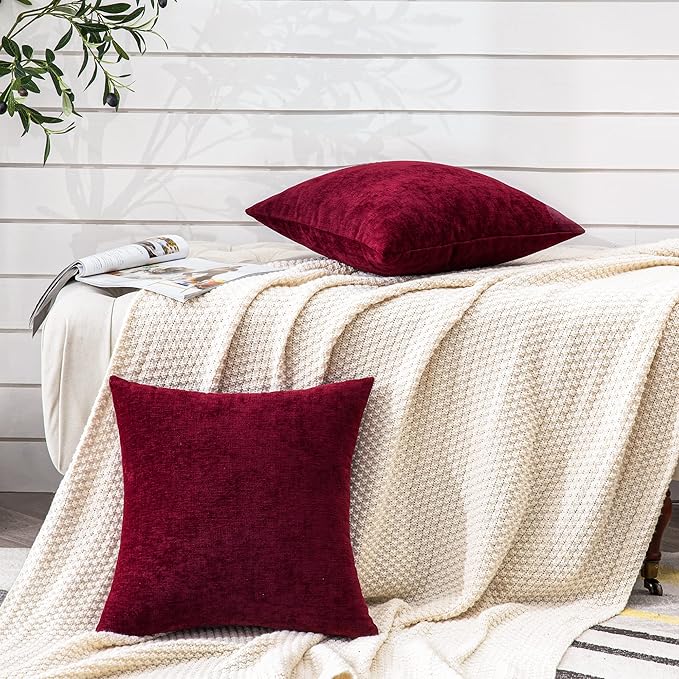GAWAMAY Decorative Chenille Throw Pillow Covers 24x24 Inch Pack of 2, Soft Square Couch Pillow Cover for Sofa Cushion Living Room Bedroom Pillowcases Burgundy Red 60x60cm (ONLY Covers)