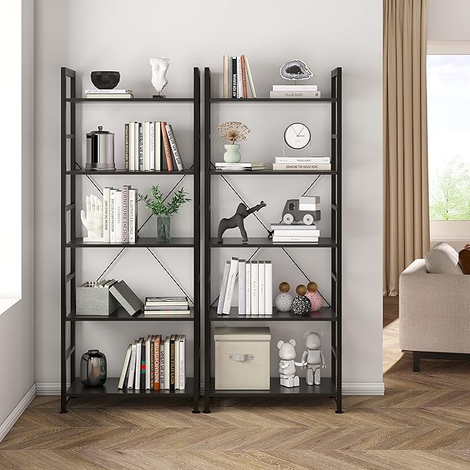 VERMESS 5 Tier Bookshelf, Tall Book Shelf, Vintage Industrial Bookcase with Open Display Shelves, Wood Storage Shelving Unit Metal Frame Standing Bookshelves for Bedroom/Home/Office, Black