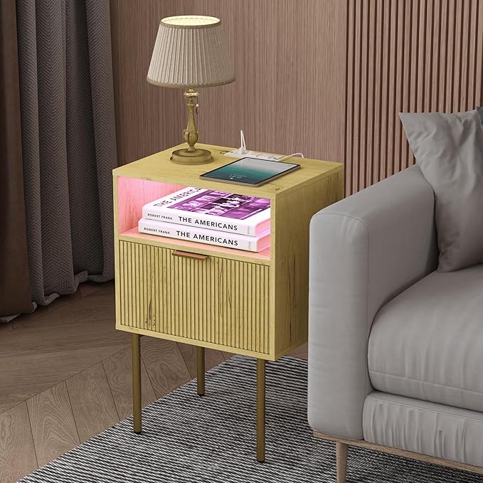 Nightstand with Charging Station, Bedside Table with Storage Drawer, Fluted Side Table for Living Room, Bedroom