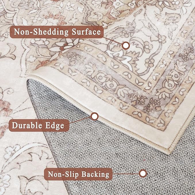 vivorug Beige 5x7 Area Rugs - Ultra-Thin Washable Rug with Non-Slip Backing, Ideal for Living Room, Bedroom, Kitchen Floor Carpet - Vintage Floral, Easy Clean, Durable, Low Pile