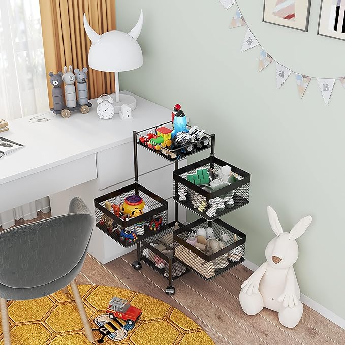Rotating Kitchen Storage Rack，Bathroom Shelf，Kitchen Organization and Storage，Bathroom Storage Organizer，Fruit Basket，Rolling Carts with Wheels(Black, 4 Tier-Square)