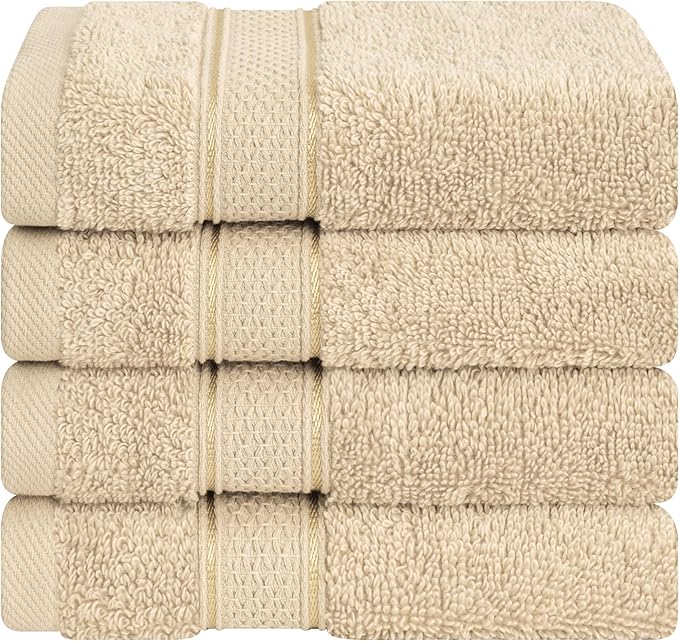 American Soft Linen Salem Washcloth Sets, 4 Piece Luxury 600 GSM 100% Cotton Washcloths for Bathroom, 13x13 inches Washrags Premium Quality Hand Face Towels, Beige