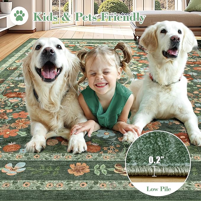 Deerly Green Washable Floral Rugs 8x10 Large Vintage Boho Non-Slip Living Room Carpet Soft Low Pile Thin Bedroom Floor Mat Indoor Home Decor for Dining Room Playroom Nursery Farmhouse, Green/Multi