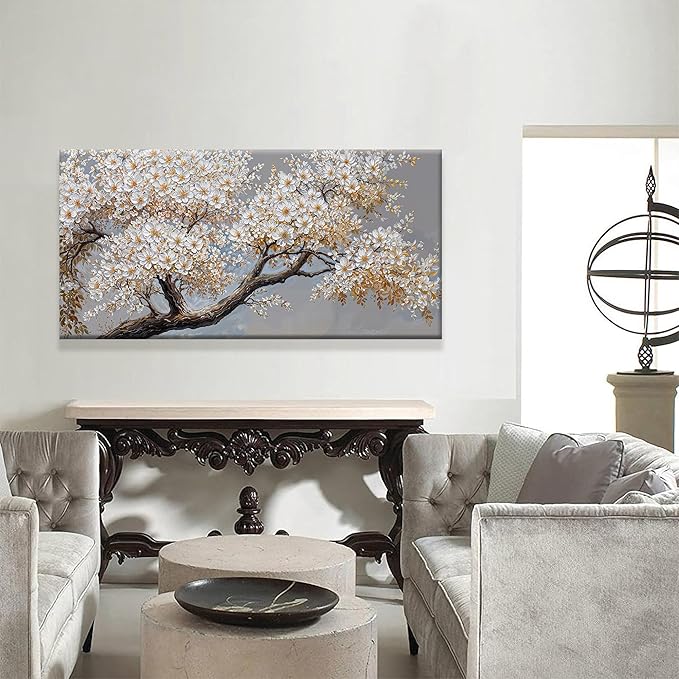 Canvas Wall Art Decor White Flowers On Tree Artwork Wall Decor Living Room Canvas Prints Modern Wall Art For Office Kitchen Canvas Prints Decor 24x48 Inch