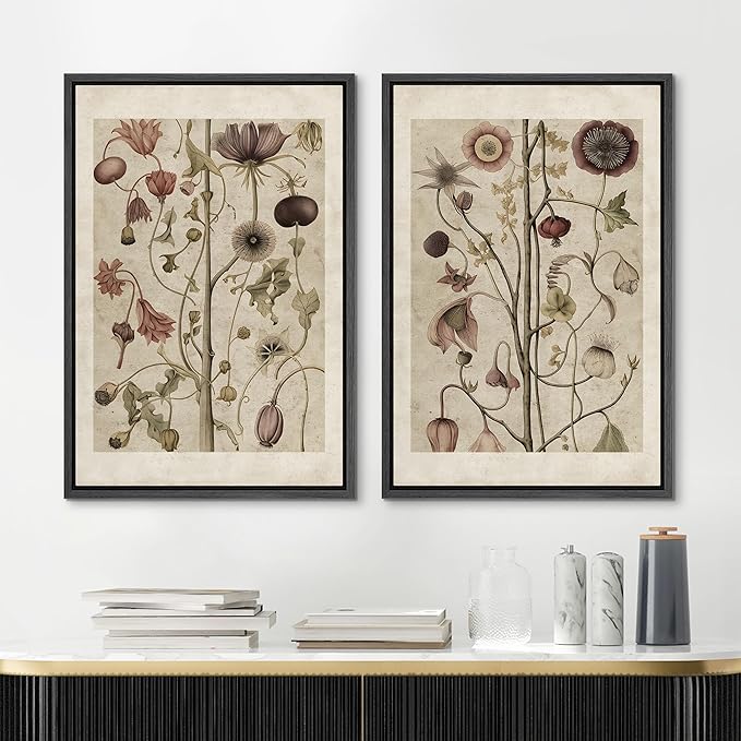 MUDECOR Framed Canvas Print Wall Art Wildflower Floral Botanical Nature Illustration Modern Art Decorative Multicolor Geometric Minimal for Bedroom - 16"x24"x2 Black